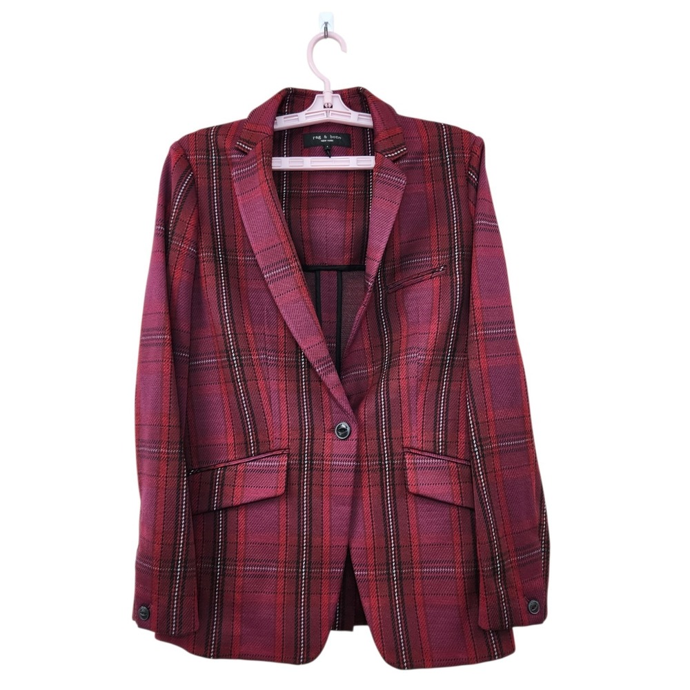Rag & Bone Size 4 Margot Plaid Blazer Luxury Designer Vamp Goth Maroon Burgundy - Picture 2 of 11